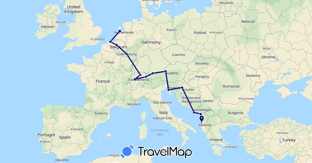 TravelMap itinerary: driving in Albania, Austria, Belgium, Switzerland, Germany, Croatia, Liechtenstein, Luxembourg, Montenegro, Netherlands, Slovenia (Europe)